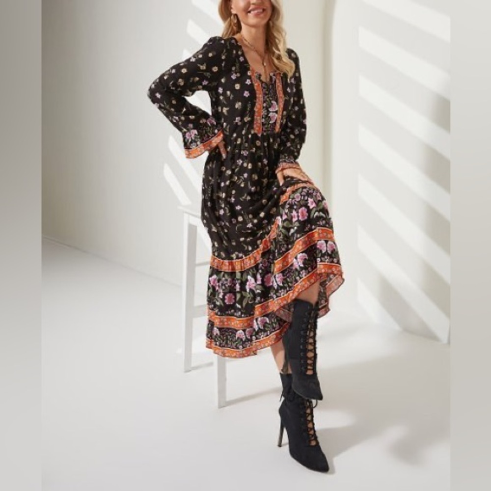 Black & Red Floral Tiered Bell-Sleeve Notch Neck Midi Dress